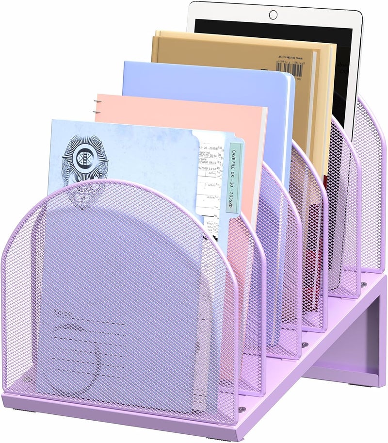 OUTIOE 5-Section Desk File Organizer, Metal Mesh Folder Organizer for Documents, Mail & Office Papers (Purple) - Image 1